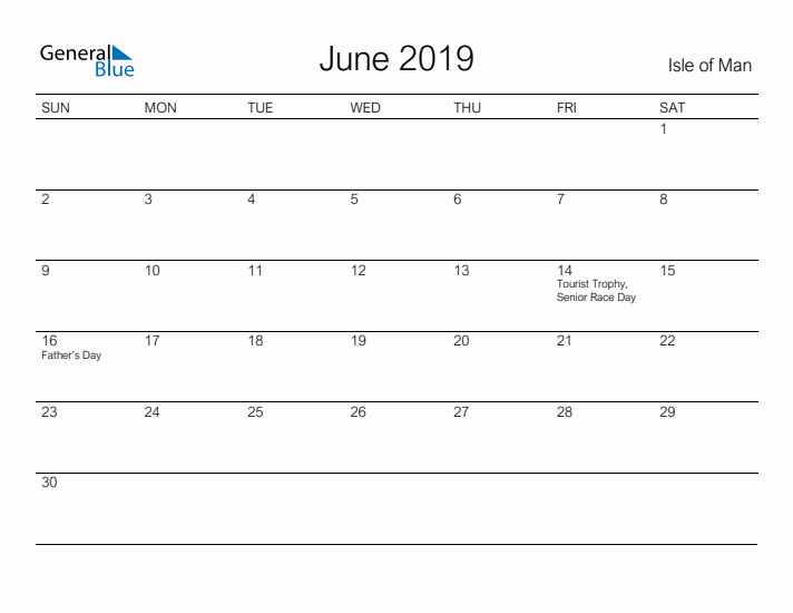 Printable June 2019 Calendar for Isle of Man
