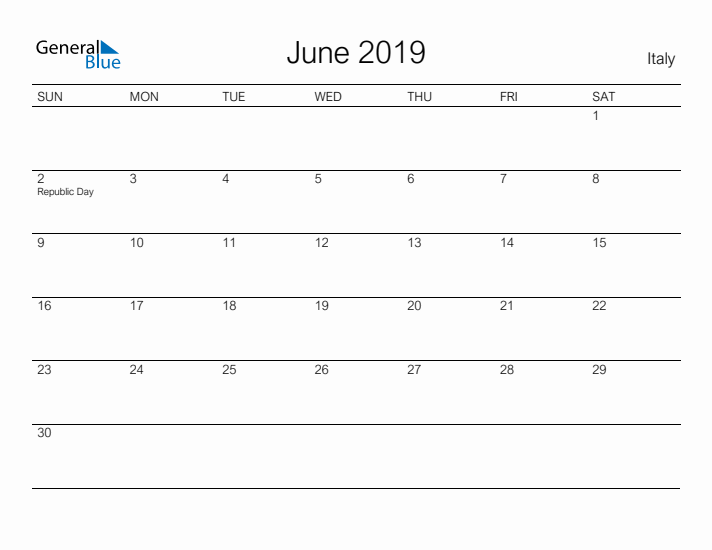 Printable June 2019 Calendar for Italy