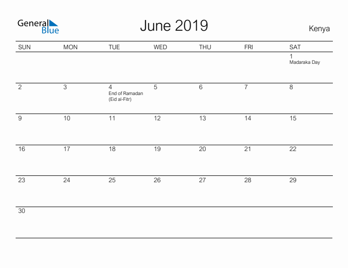 Printable June 2019 Calendar for Kenya