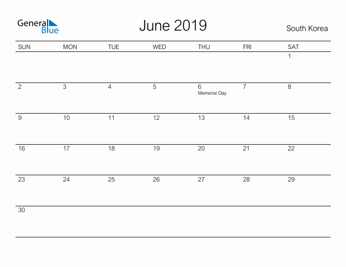 Printable June 2019 Calendar for South Korea