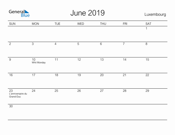 Printable June 2019 Calendar for Luxembourg