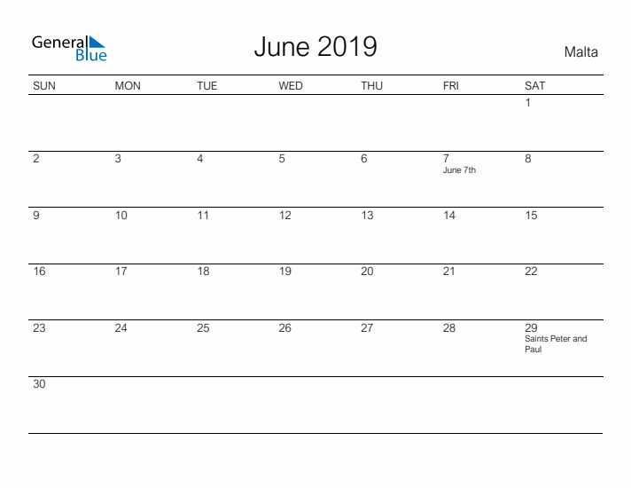 Printable June 2019 Calendar for Malta