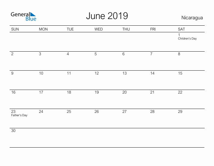 Printable June 2019 Calendar for Nicaragua