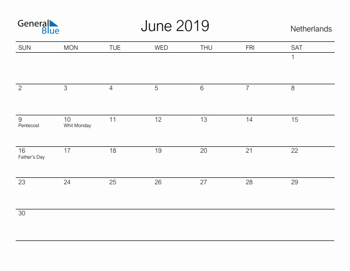 Printable June 2019 Calendar for The Netherlands