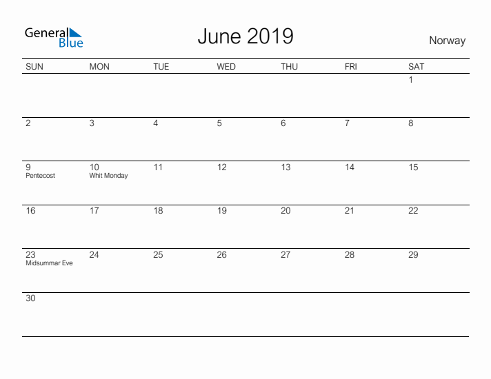 Printable June 2019 Calendar for Norway