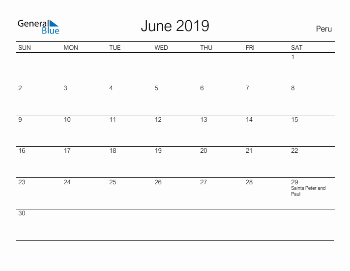Printable June 2019 Calendar for Peru