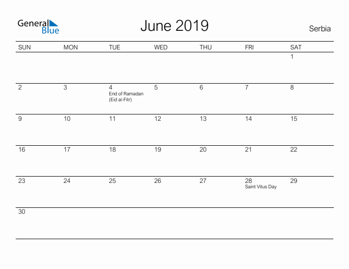 Printable June 2019 Calendar for Serbia