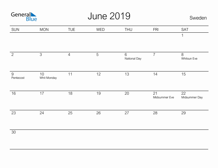Printable June 2019 Calendar for Sweden
