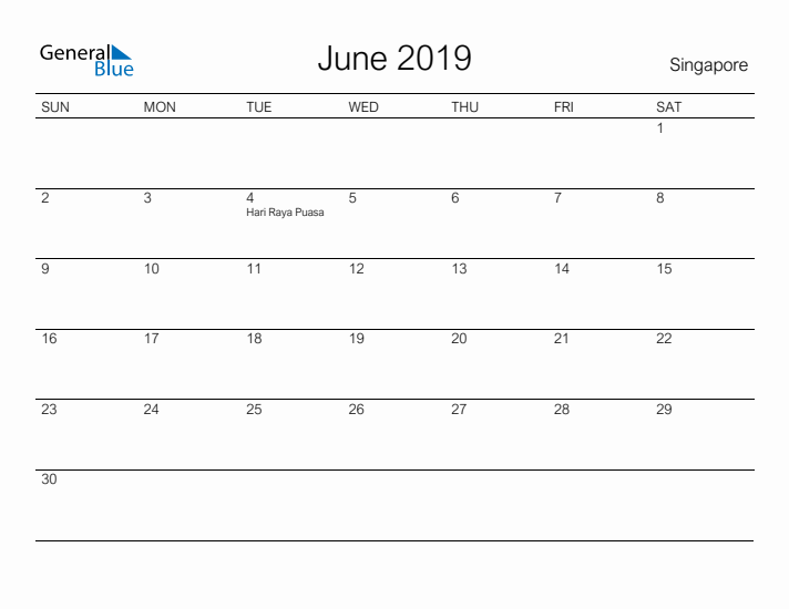Printable June 2019 Calendar for Singapore