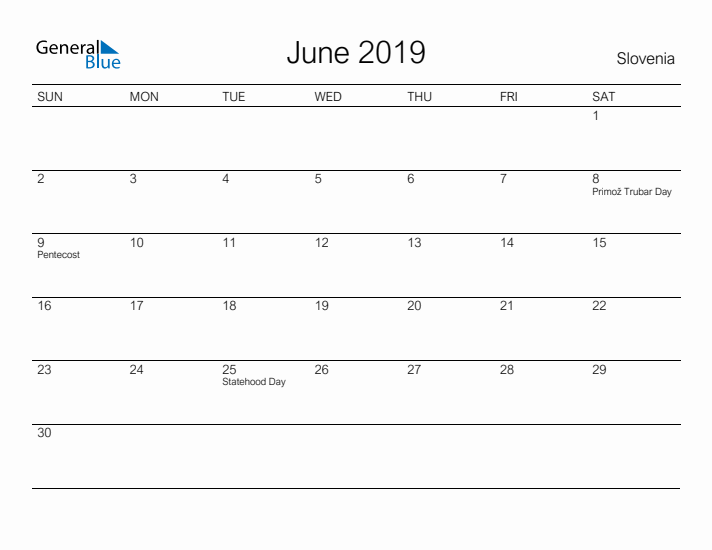 Printable June 2019 Calendar for Slovenia