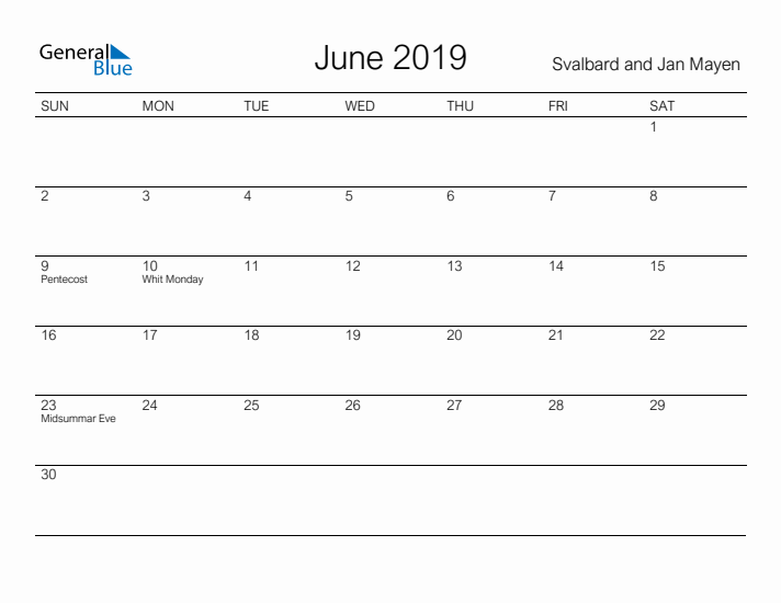Printable June 2019 Calendar for Svalbard and Jan Mayen