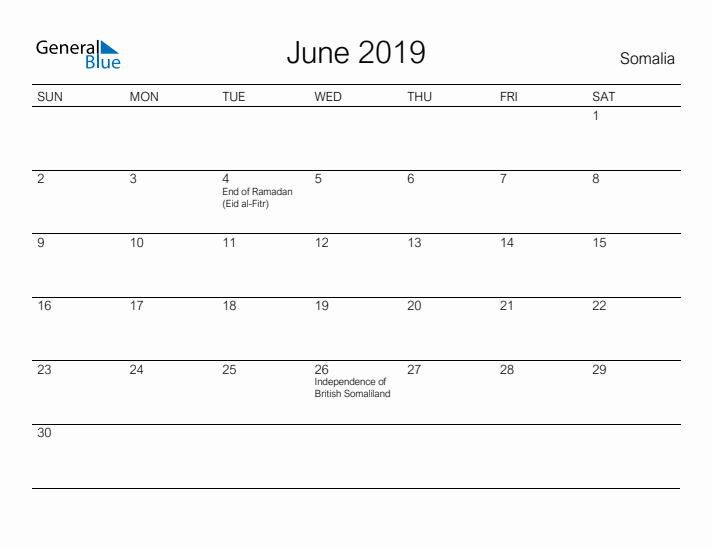 Printable June 2019 Calendar for Somalia
