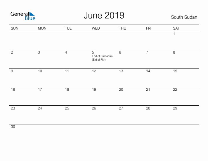 Printable June 2019 Calendar for South Sudan