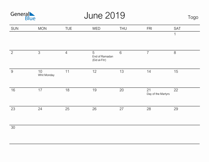 Printable June 2019 Calendar for Togo
