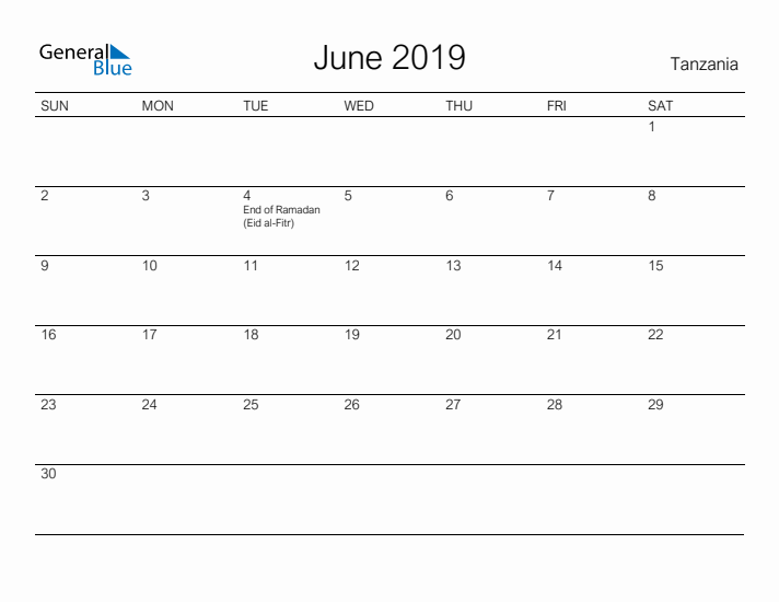 Printable June 2019 Calendar for Tanzania