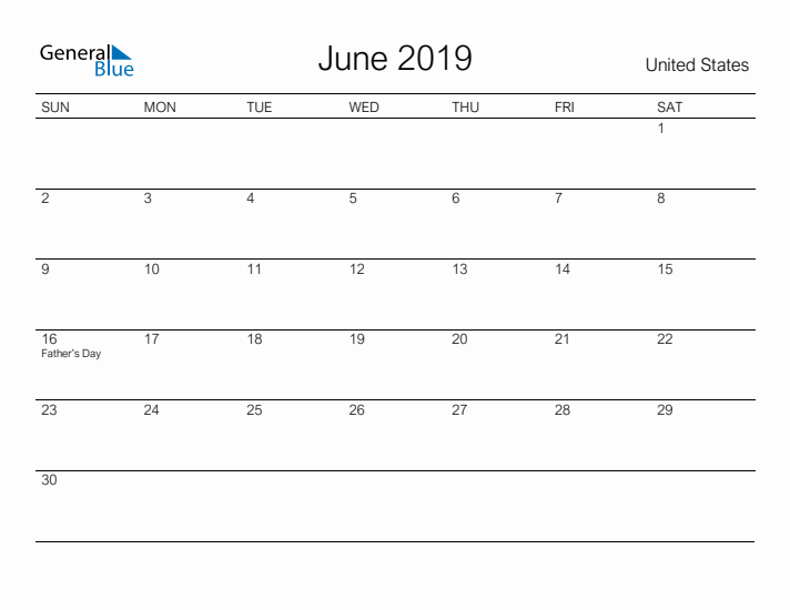 Printable June 2019 Calendar for United States