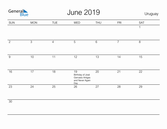 Printable June 2019 Calendar for Uruguay