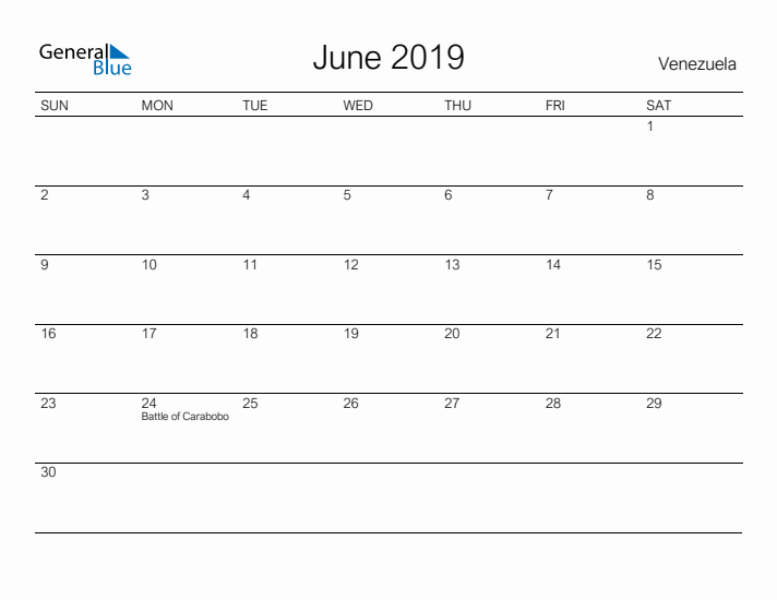 Printable June 2019 Calendar for Venezuela