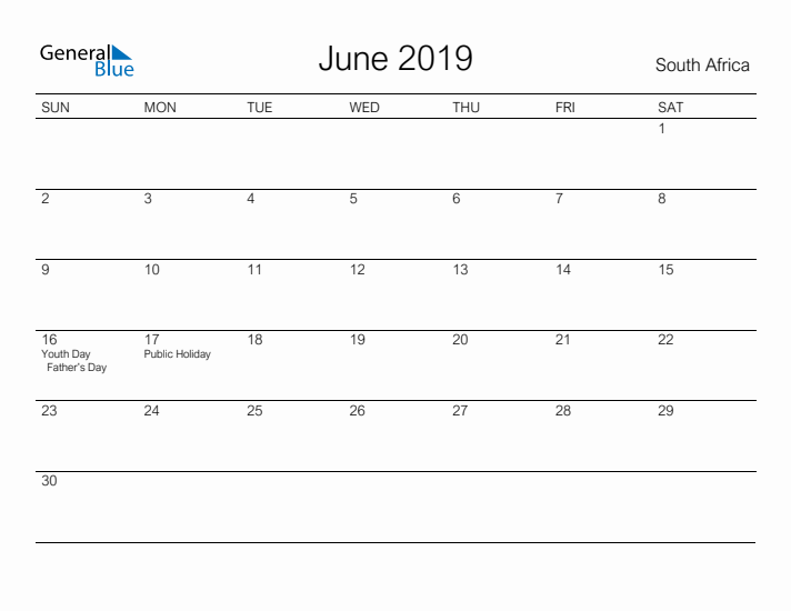 Printable June 2019 Calendar for South Africa