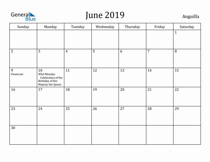 June 2019 Calendar Anguilla