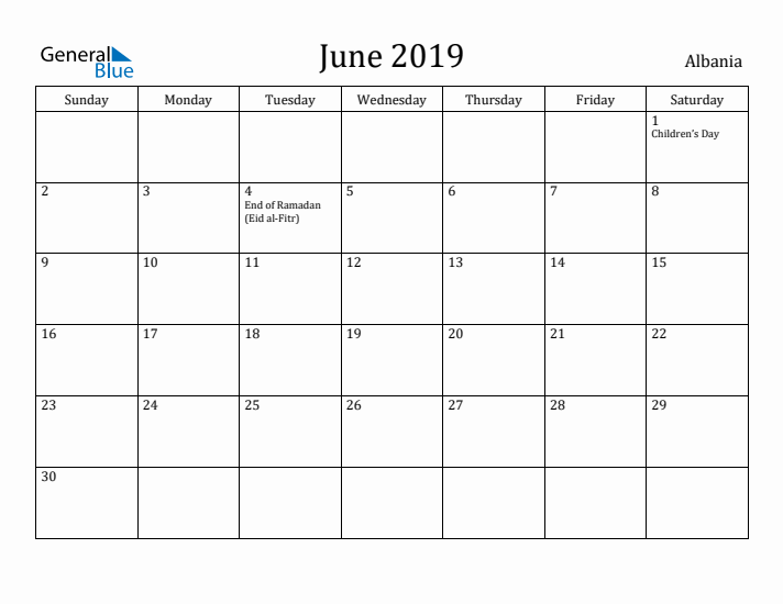 June 2019 Calendar Albania