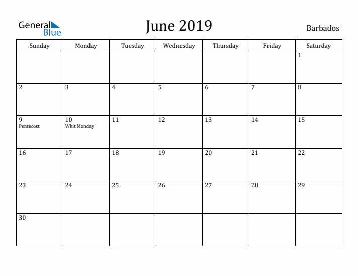 June 2019 Calendar Barbados