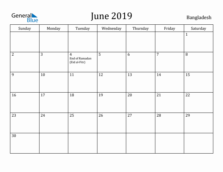June 2019 Calendar Bangladesh
