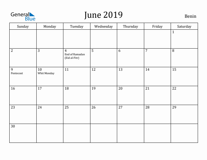 June 2019 Calendar Benin