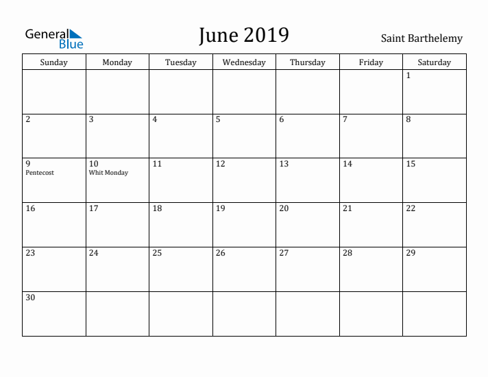 June 2019 Calendar Saint Barthelemy