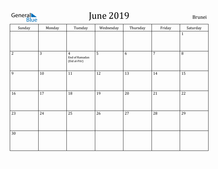 June 2019 Calendar Brunei