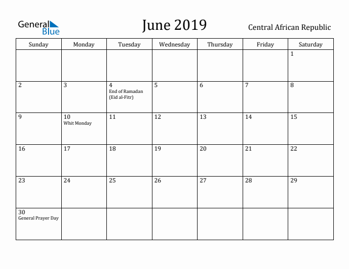 June 2019 Calendar Central African Republic