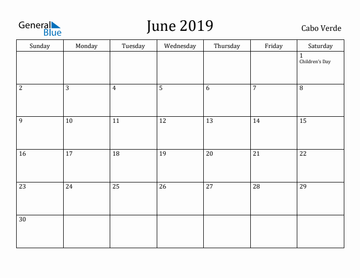 June 2019 Calendar Cabo Verde