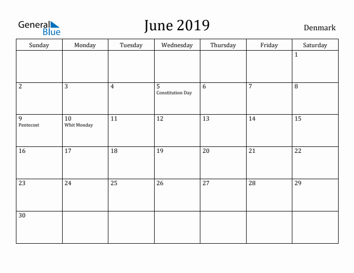 June 2019 Calendar Denmark