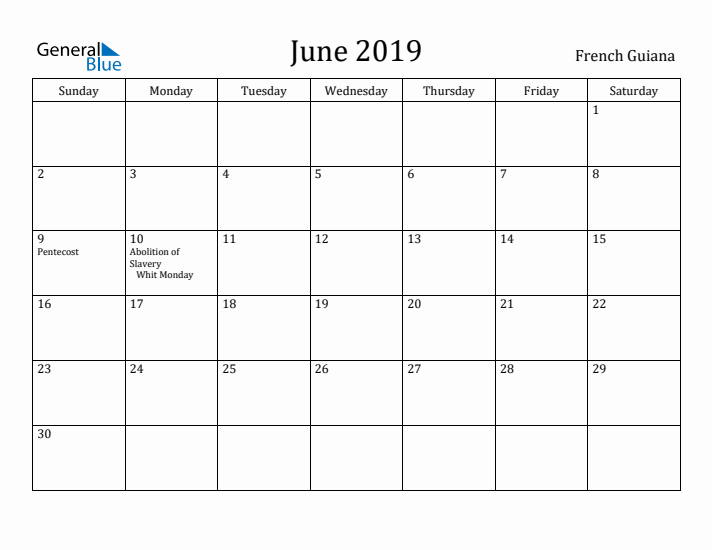 June 2019 Calendar French Guiana