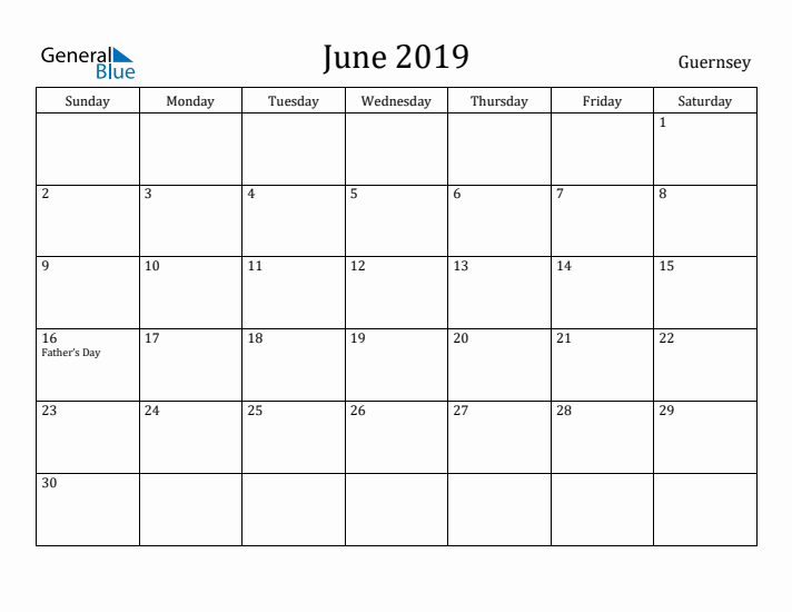 June 2019 Calendar Guernsey