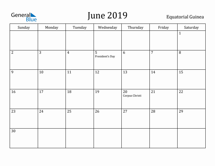 June 2019 Calendar Equatorial Guinea