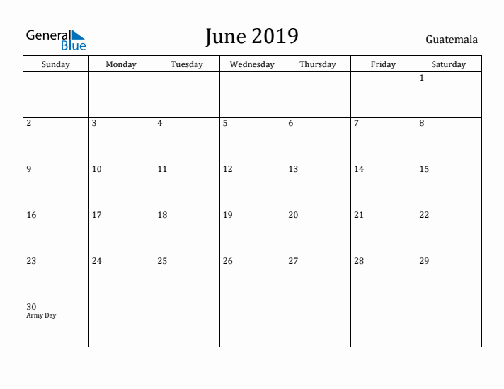 June 2019 Calendar Guatemala