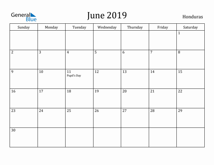 June 2019 Calendar Honduras