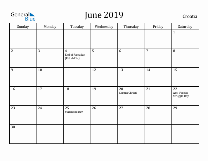 June 2019 Calendar Croatia