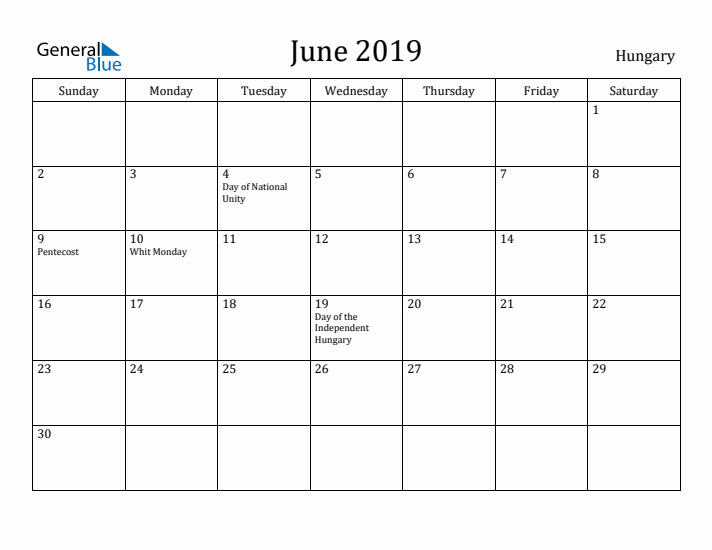 June 2019 Calendar Hungary