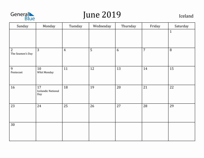 June 2019 Calendar Iceland