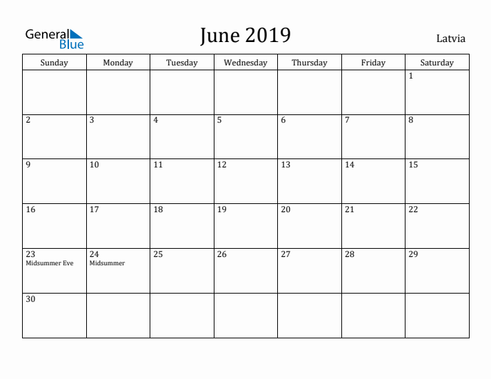 June 2019 Calendar Latvia