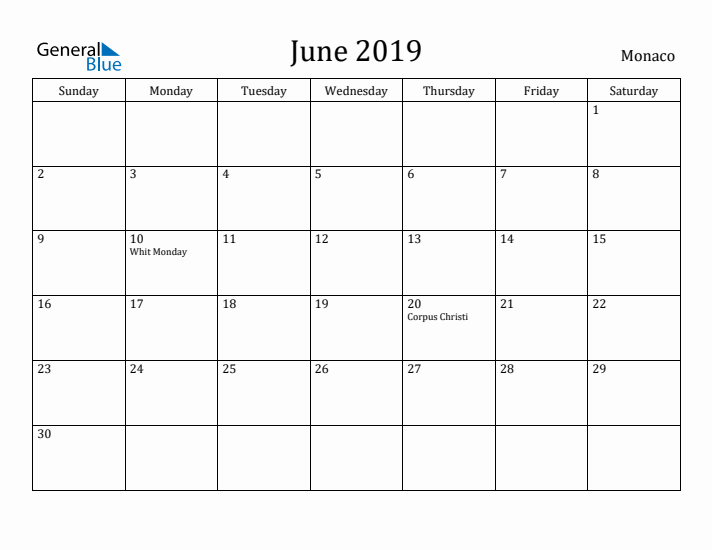 June 2019 Calendar Monaco