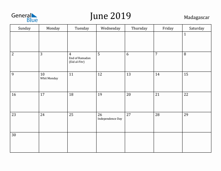 June 2019 Calendar Madagascar