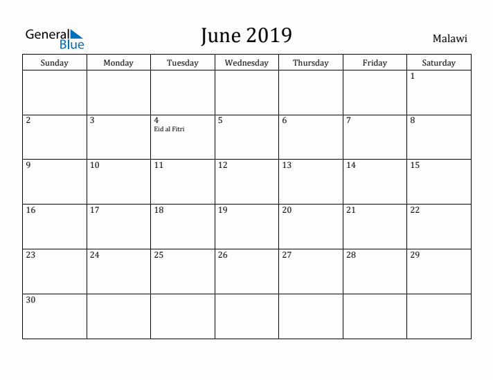 June 2019 Calendar Malawi