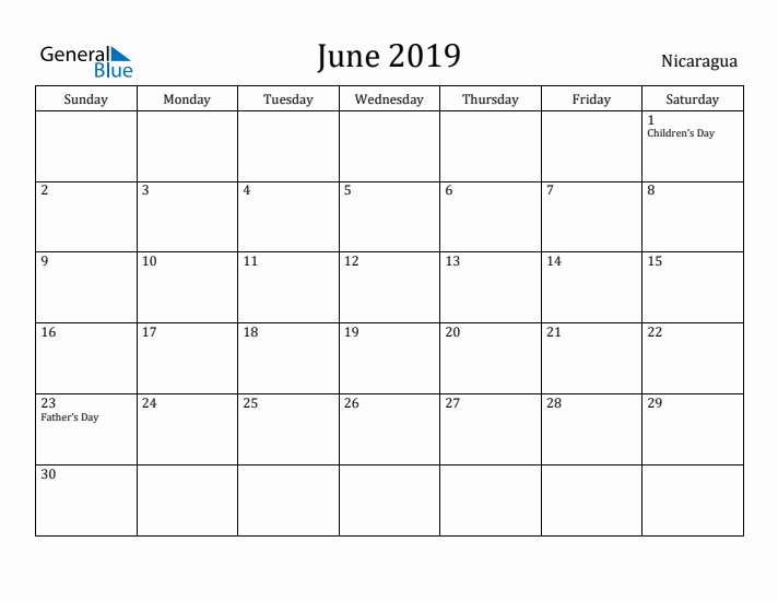 June 2019 Calendar Nicaragua