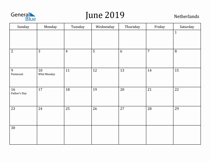 June 2019 Calendar The Netherlands