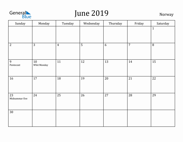 June 2019 Calendar Norway