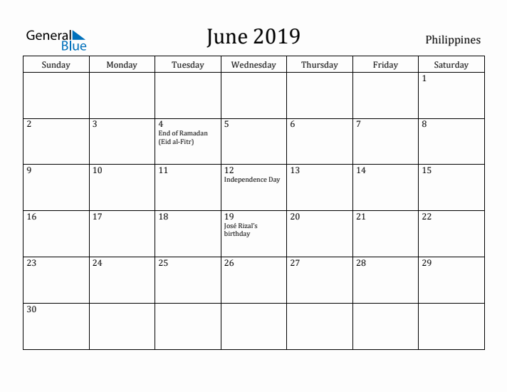 June 2019 Calendar Philippines