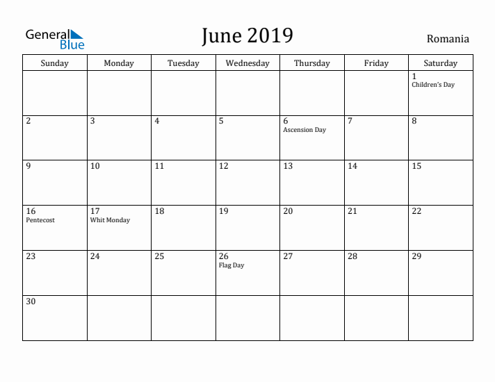 June 2019 Calendar Romania
